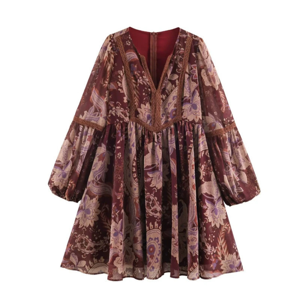 ZARA Printed Lace Trim Long Sleeve Dress